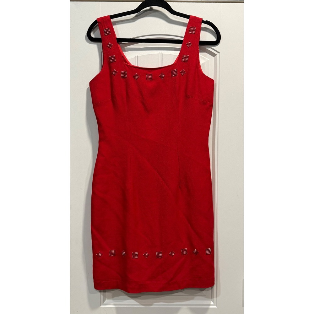 Vintage Misty‎ Lane Red Dress MADE IN USA Studded Sheath ILGWU Cocktail Size 7/8
